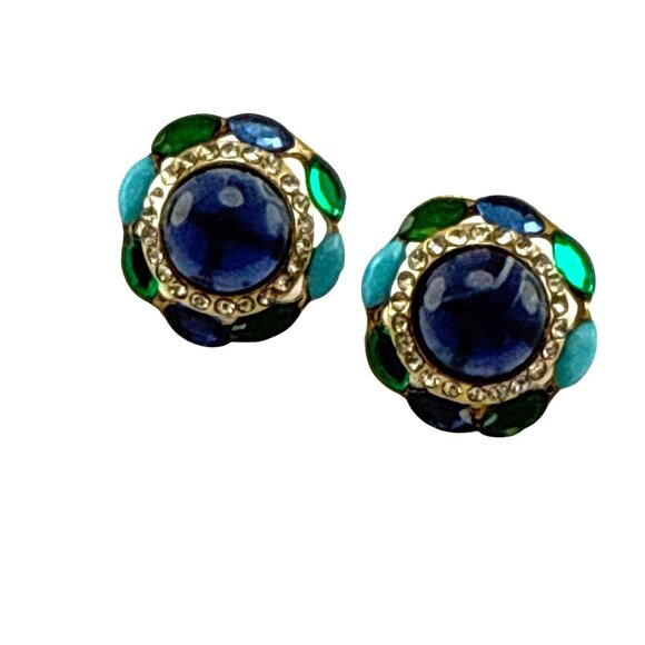 Vintage Gold Tone Rhinestone Flower Stud Earrings Blue Green Round Statement - Picture 1 of 6